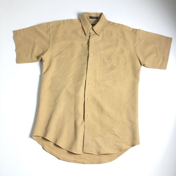 Chaps Ralph Lauren Khaki Short Sleeve Button Front Shirt Rayon Polyester S I77 - Picture 1 of 5